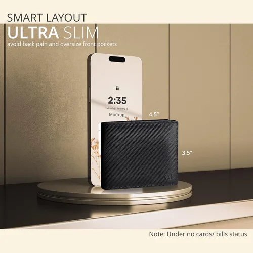 Vista 35 de Cartera delgada de cuero para hombre, bloqueo RFID, bolsillo frontal minimalista, delgada y elegante con ventana de identificación, regalo