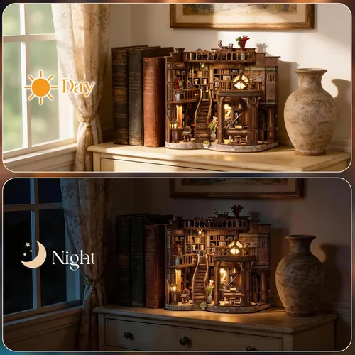 Vista 6 de Kit de rincón de libros, rompecabezas de madera 3D en miniatura, sujetalibros con luz LED, decoración de estantería de flor de cerezo para libros