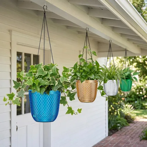 Vista 7 de QCQHDU - Macetas colgantes para plantas de interior, paquete de 2, 5.7 pulgadas, azul Klein Plástico, Autorriego, Percha de Plantas, Agujeros