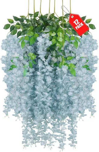 Vista 43 de Paquete de 12 flores colgantes de glicina rosa, flores colgantes falsas de 3.44 pies, guirnalda de glicina artificial para decoración de boda, telón