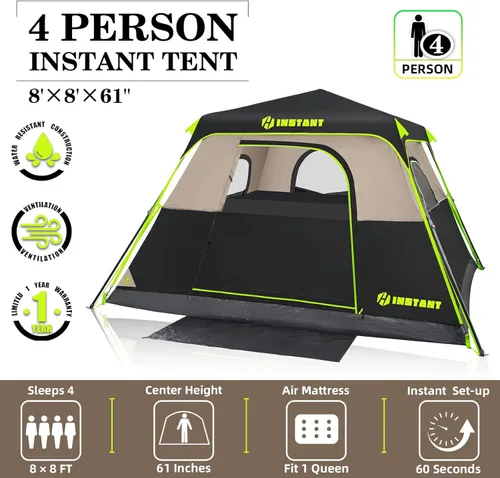 Vista 2 de 4/6/8/10 Person Instant Tent, Waterproof Pop Up Tents for Camping with Rainfly, 60 Seconds Easy Setup, Automatic Cabin Tent for Family Camping with