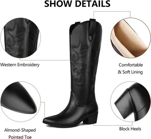 Vista 5 de Botas vaqueras bordadas para mujer, botas vaqueras de moda con punta occidental de tacón grueso, botas vaqueras altas hasta la rodilla