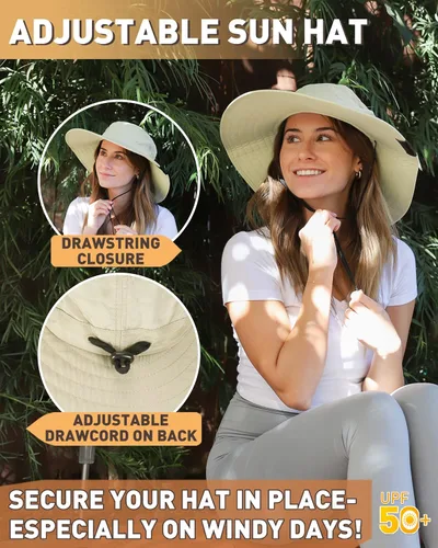 Vista 3 de Tirrinia Sombrero de sol para mujer, de ala dura, extra ancha, grande, Boonie, pesca, safari, senderismo