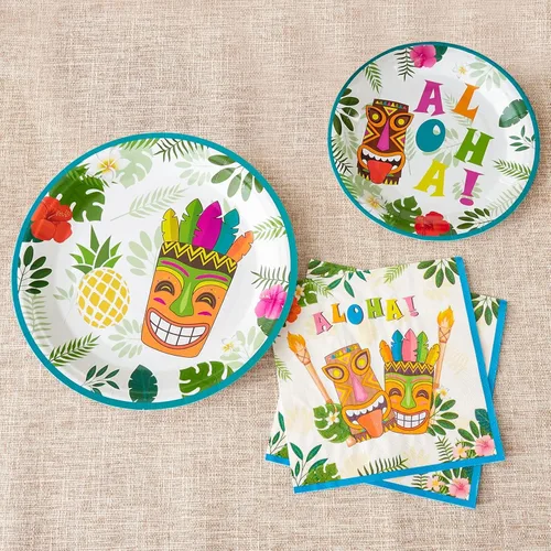 Vista 3 de WERNNSAI Hawaiian Luau Party Supplies - 48 platos y servilletas de Luau tropical, decoraciones de cumpleaños, platos de papel hawaiano para verano