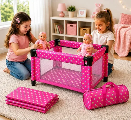 Vista 5 de Fash n kolor Juego de Muñeca Bebé de 3 Piezas – Parque Infantil de Diseño de Lunares, Cochecito de Muñeca Plegable, Silla Alta – Compatible