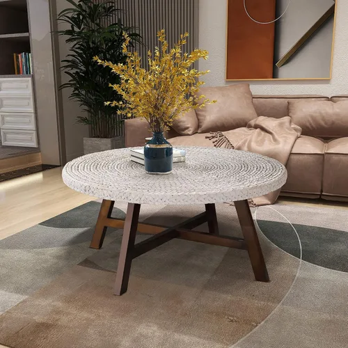 Vista 9 de RANDEFURN Mesa de centro redonda, mesa de cóctel de madera de pino maciza con marco en X y marco de X, fácil de montar, varios tamaños para sala