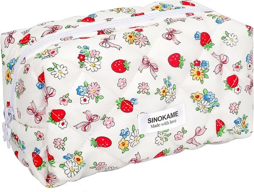 Vista 6 de SINOKAME Bolsa de maquillaje acolchada de algodón, pequeña, con lazo de coqueta, bolsa de cosméticos estética, bolsa de almacenamiento de viaje