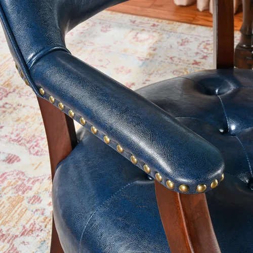 Vista 9 de Sillas de comedor con ruedas y brazo, sillas de capitán Caster Boss con patas de madera maciza, sillas de escritorio de oficina con botón tapizado