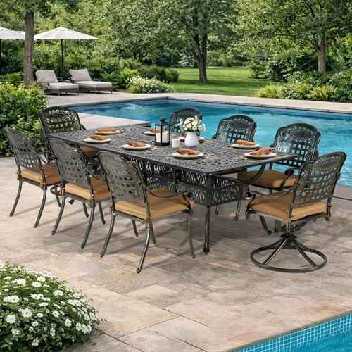 Vista 8 de VIVIJASON Juego de comedor al aire libre de 9 piezas, juego de mesa y sillas de patio de aluminio fundido para 8, incluye mesa rectangular de 94.5