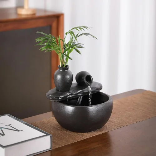 Vista 3 de Fuente de mesa de cerámica para decoración de interiores y hogares, escritorio, oficina, patio (fuente de cerámica para macetas) (negro)
