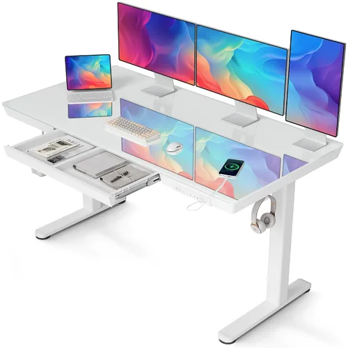 Vista 21 de Claiks Escritorio de pie pequeño de cristal con cajones y puertos USB 32x19 negro