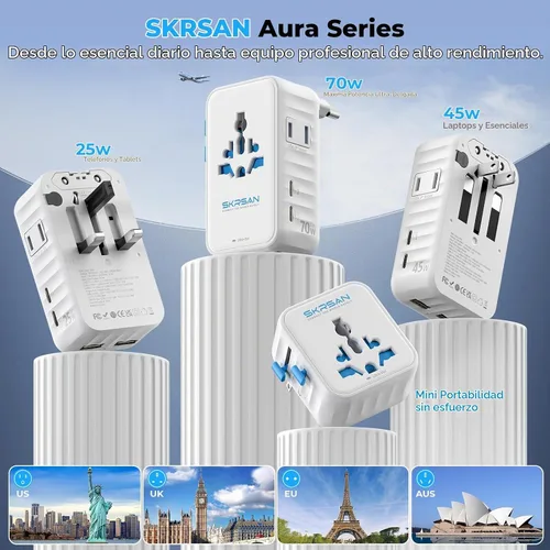 Vista 9 de Adaptador de viaje internacional Aura 70W, cargador de pared Blanco ártico
