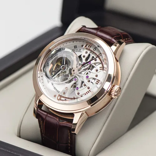 Vista 6 de Relojes de oro rosa de lujo para hombre, esfera esquelética, relojes automáticos, correa de cuero VM-1