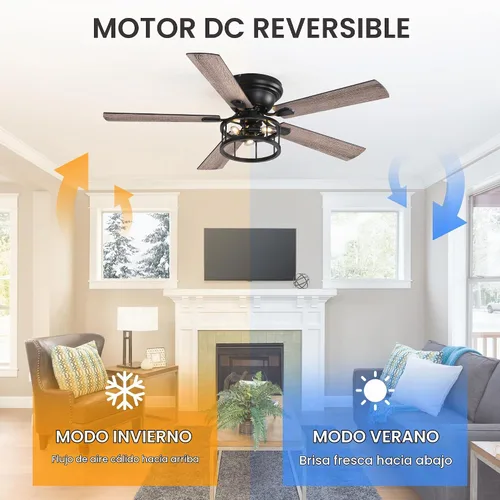 Vista 3 de Ventilador de techo rústico de granja de montaje empotrado de 52 pulgadas con luz y control remoto, motor AC reversible, 5 aspas de doble acabado