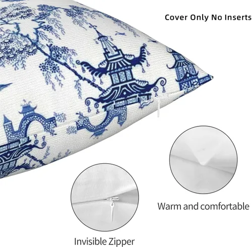 Vista 4 de Chinoiserie - Funda de almohada de lino azul de 16 x 16 pulgadas, fundas de almohada de lino para sofá, automóvil, sala de estar, dormitorio