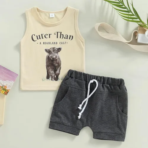 Vista 6 de Gueuusu Ropa de bebé occidental para niño, camiseta sin mangas con estampado de vaca de las tierras altas para niños pequeños, conjunto