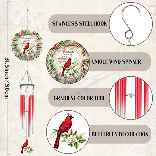 Vista 2 de Cardinal Gifts - Campanillas de viento de metal con molinillos de viento 3D para exteriores, jardín, patio, césped, patio, balcón, decoración