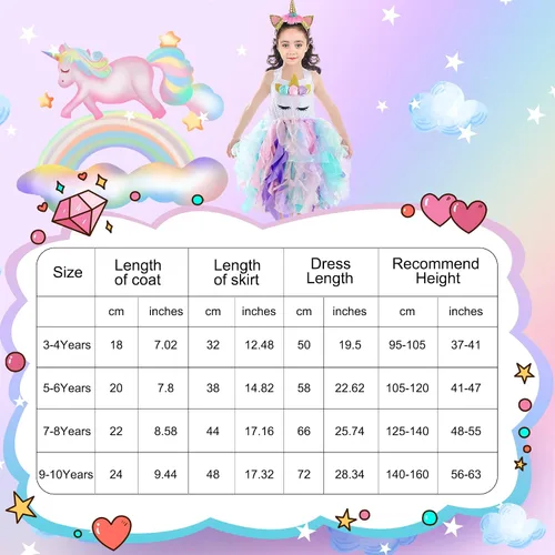 Vista 6 de Wish Care Disfraz de unicornio para niñas de 3 a 10 años, vestido de tutú de unicornio con lentejuelas y arco iris, disfraz de fiesta de cumpleaños