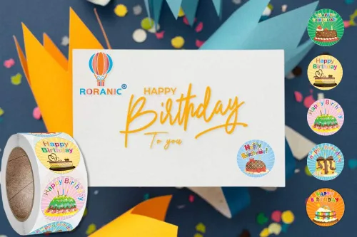 Vista 7 de Calcomanías de cumpleaños para tarjetas, 1 rollo, 500 unidades, 6 bonitos diseños de pastel de cumpleaños, etiquetas adhesivas redondas de 1