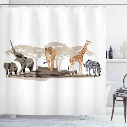 Vista 101 de Ambesonne Decor Collection, juego de cortina con ganchos para regadera Amarillo y marrón