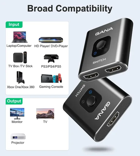 Vista 4 de Interruptor HDMI 4 K a 60 Hz, interruptor HDMI bidireccional de aluminio GANA 2 en 1 salida, concentrador HDMI manual compatible con HD compatible