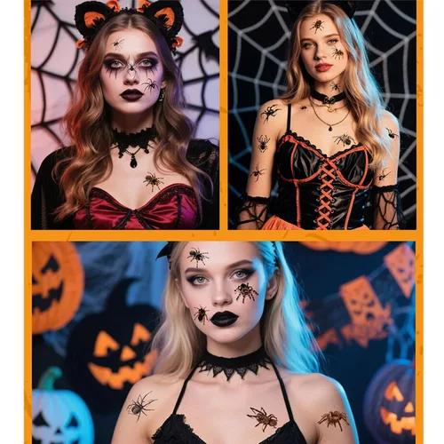 Vista 6 de Tatuajes temporales de Halloween, calcomanías de araña falsa para cara y cuerpo, 10 hojas de calcomanías de tatuaje para el día de los muertos