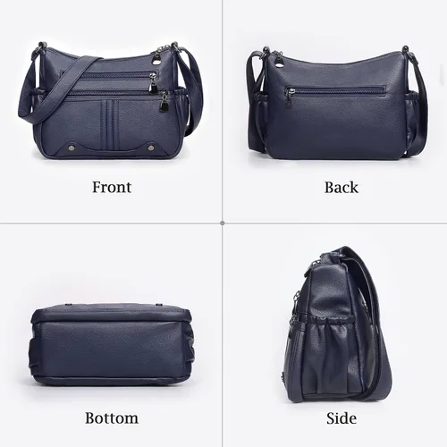 Vista 4 de Bolso bandolera de piel sintética suave para mujer, bolso cruzado con múltiples bolsillos, bolso cruzado mediano espacioso a la moda con asa superior