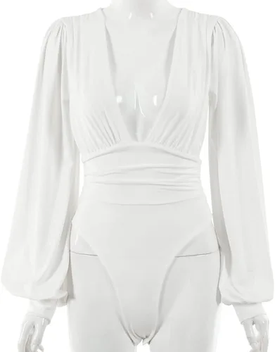 Vista 4 de Weigou - Body o enterizo de manga larga con cuello en V, plisado, holgado, para mujer, camisas de leotardo