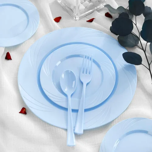 Vista 4 de YOUBET 125 platos de plástico azul, platos desechables para baby shower, incluye 25 platos llanos, 25 platos de postre, 25 tenedores, 25 cuchillos
