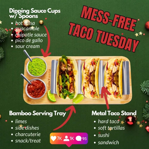 Vista 2 de Kit de Soportes para Tacos, Set 3-en-1 - Soporte para Concha de Taco + Bandeja de Servicio + Taza para Salsa, Plato de Presentación para Tacos