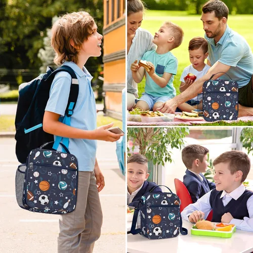 Vista 7 de Bolsa de almuerzo térmica aislada para niños Clastyle Sport Ball, grande, azul, con enfriador térmico, para niños, para picnic, escuela, canasta