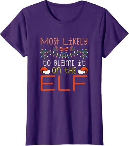 Vista 8 de Camiseta de Navidad familiar a juego con la frase "Most Likely To Blame It On The Elf" Negro