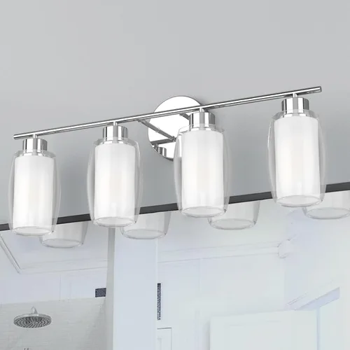 Vista 2 de Aipsun Lámpara de baño con 4 luces, luces cromadas arriba y abajo, modernas luces de bahthroom con vidrio transparente y vidrio esmerilado, luces