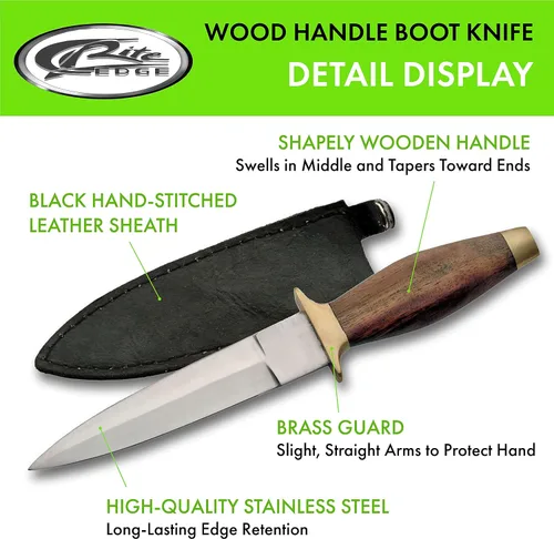 Vista 2 de SZCO Supplies - Cuchillo para botas con mango de madera de 9 pulgadas con hoja de acero inoxidable, protector de latón, pomo y funda de clip