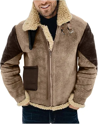 Vista 4 de Chaqueta de camionero para hombre, con forro polar, de piel sintética desgastada, talla grande, chaqueta Sherpa pesada