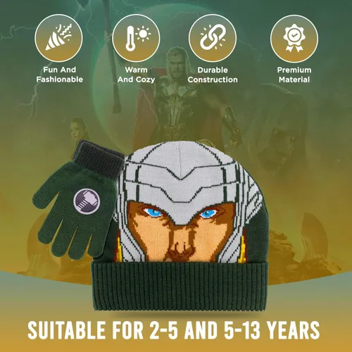 Vista 3 de Marvel Avengers - Juego de sombreros de invierno y guantes de nieve para niños y niños pequeños con lindos guantes y gorro suave, pompones esponjosos