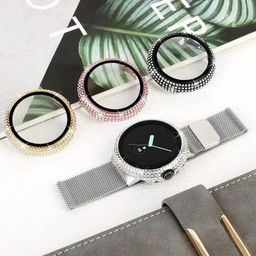 Vista 3 de Funda compatible con Google Pixel Watch 3 de 1.614 in/Pixel Watch 2/1 con protector de pantalla, cubierta protectora brillante de vidrio templado