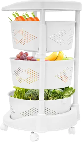 Vista 8 de Estante de almacenamiento giratorio de cocina, cesta giratoria redonda de 3 niveles de verduras y frutas, carrito utilitario rodante de plástico