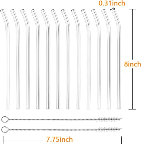 Vista 2 de Paquete de 12 popotes de vidrio reutilizables - 8" x 8 MM, popotes de vidrio curvos para beber con 2 cepillos de limpieza, popotes reutilizables