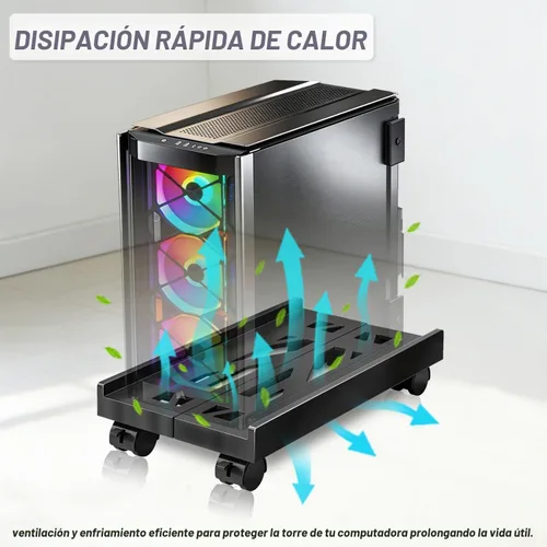 Vista 4 de Soporte de PC, soporte móvil para CPU para piso, soporte enrollable ajustable para CPU, soporte de torre de computadora debajo del escritorio, Negro