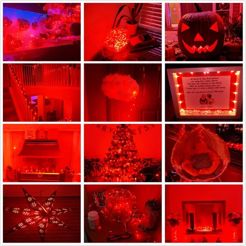 Vista 9 de Luces rojas de Halloween de 7 pies, funciona con pilas, luces LED de Navidad para interiores y exteriores, piezas centrales, guirnaldas, mesa de Rojo