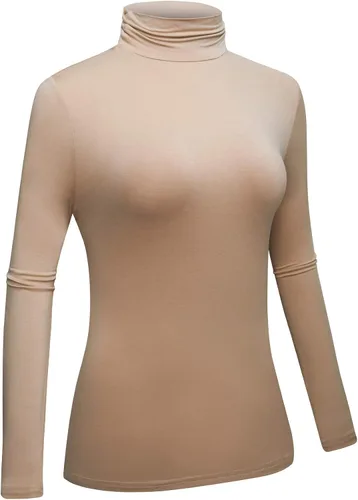 Vista 3 de OThread & Co. Camiseta de manga larga con cuello alto para mujer, capa elástica básica, cómoda, cuello alto