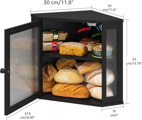 Vista 5 de viewcare Caja de Pan de Esquina para Encimera de Cocina, Caja de Pan de Madera de Bambú Negra, Caja de Almacenamiento de Pan de Gran Capacidad