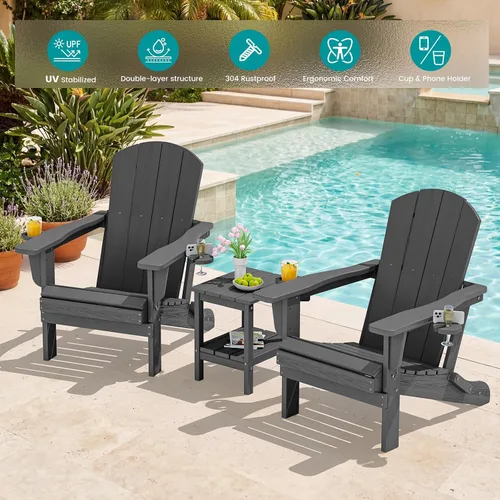 Vista 2 de SERWALL Silla Adirondack plegable, Silla Adirondack HDPE con textura de madera - gris