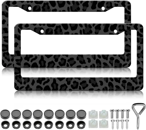 Vista 11 de Marcos para placa de matrícula con estampado de leopardo negro, paquete de 2 fundas de aluminio con estampado de animales negros, marcos