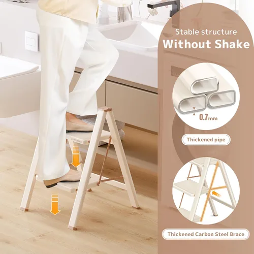 Vista 4 de Escalera plegable de 2 escalones con pedal ancho antideslizante, capacidad de 330 libras, escalera portátil ligera para uso en el hogar y la cocina
