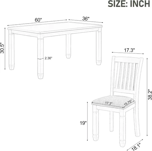 Vista 69 de Juego de mesa de comedor vintage de 6 piezas, juego de mesa de comedor de cocina de madera maciza con 4 sillas ergonómicas acolchadas y banco, mesa