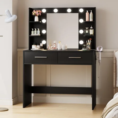 Vista 3 de YESHOMY Escritorio de tocador con espejo, mesa de maquillaje, negro oscuro