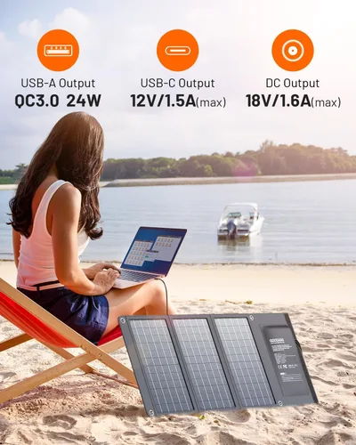 Vista 2 de GOODaaa 30W Panel Solar Portátil con Tres Salidas, Cargador Solar Plegable de Carga Rápida USB QC 3.0, Paneles Impermeables IP65 para Exteriores
