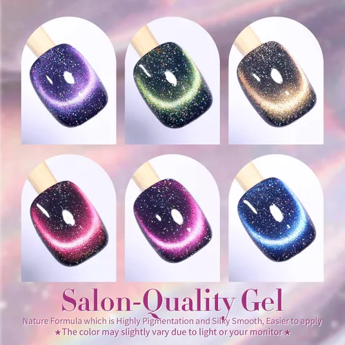 Vista 2 de Born Pretty - Esmalte de uñas de gel magnético 9D con purpurina reflectante, esmalte de gel holográfico de color gato magnético, juego de 7ml, 6